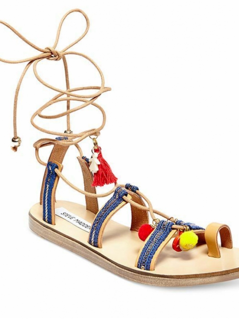 Steve Madden Cailin Blue Woven Lace-Up Pom Pom Gladiator Sandals